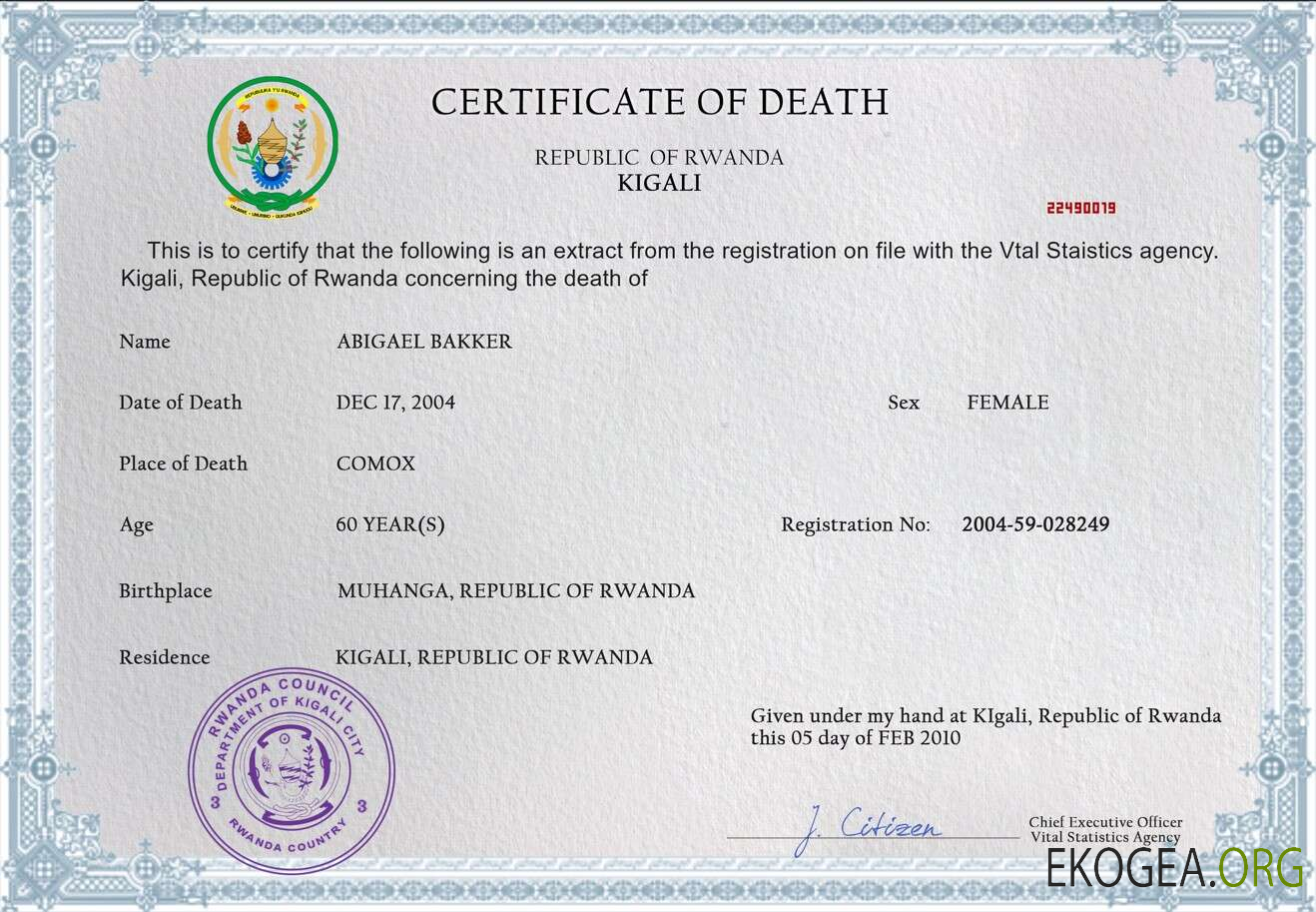 Modèle PSD de certificat de décès de l'état civil du Rwanda